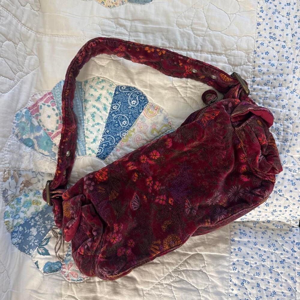 Red floral print velvet purse